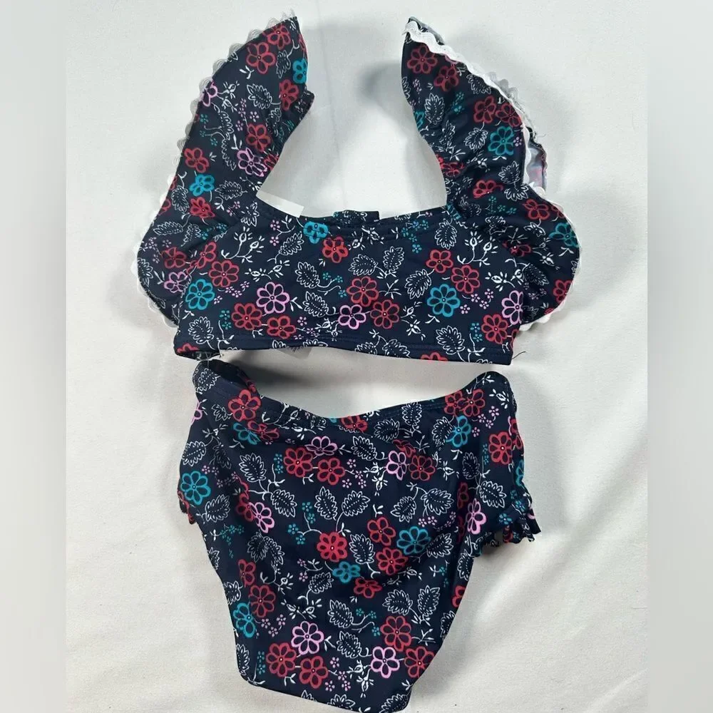 NWT Janie & Jack Baby Girl Two Piece Swimsuit Navy Ruffle Floral - Size 12-18M